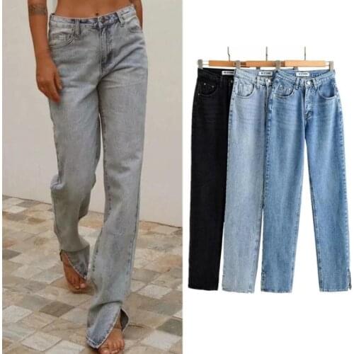 2020 Womens Fashion Retro Jeans Fall Casual High Waist Side Split and Floor Thin Straight Denim Pants