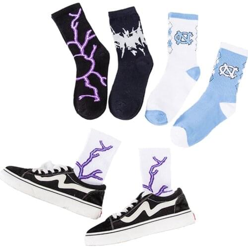 Women Socks Harajuku Lightning Hip-hop Cotton Novelty Socks Couple Streetwear Black White Blue Japanese Fashion High Quality Hot