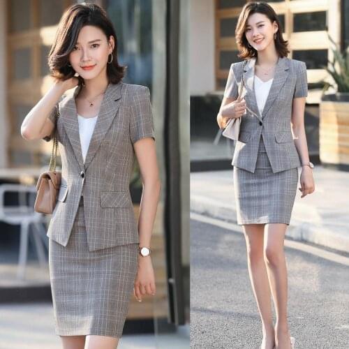 Summer Women Business Suits Grey Blazer and Skirt Sets Ladies Work Wear Uniforms Short Sleeve Jackets