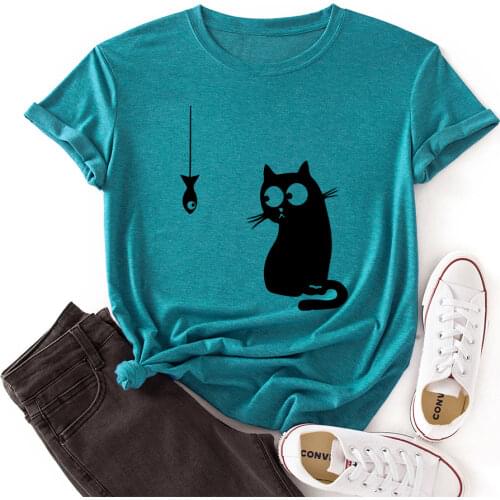 Women Crew Neck Short Sleeve Casual Summer T-shirts Graphic Tee Shirts Tops Female Clothes Cat Fish Shirts for Woman