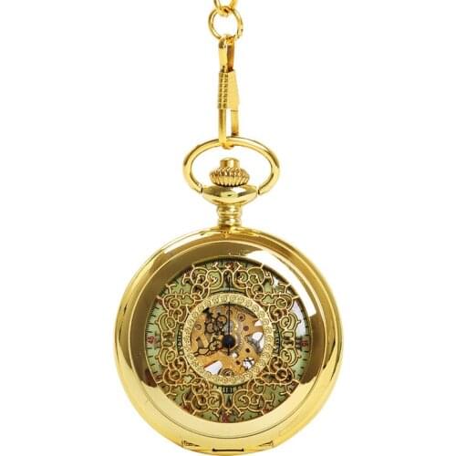Gold large thick chain dense flower hollow night light pocket watch ancient Roman text mechanical pocket watch 8931