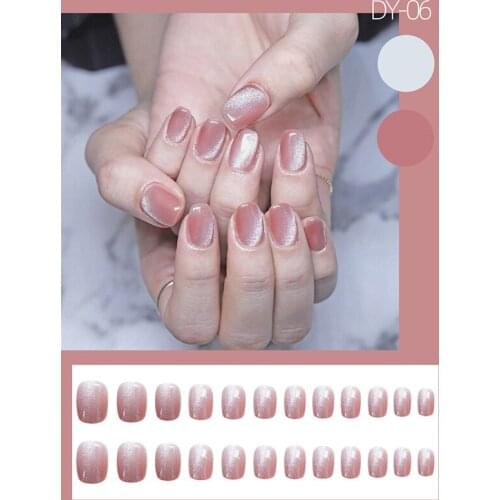 High Quality 24pcs Pink Glitter Nail Patch Glue Type Removable Short Paragraph Fashion Manicure Save Time False Nail Patch