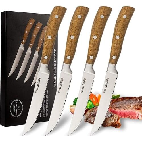 4PCS Steak KnifeS Set Tools For Kitchen Professional Japanese Stainless Steel Wood Handle Serrated Cut Lamb Chops Pork