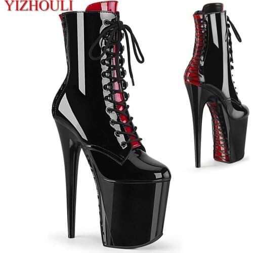 8 inches. Sexy ankle boots, cross-strap soles, 20cm heels for model clubs, pole dancing shoes