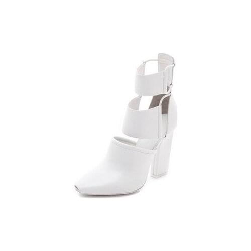 Women summer small pointed peep toe white black wide strap cutout thick square high heel knee high boots women long sandals