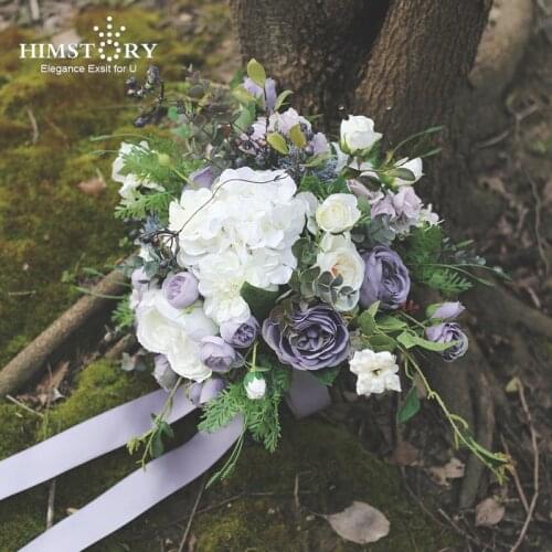 HIMSTORY Vintage Artificial Wedding Bouquet Purple Rose Bride Bridesmaid Bouquets Trouwboeket Brooch Silk Bridal Holding Flowers