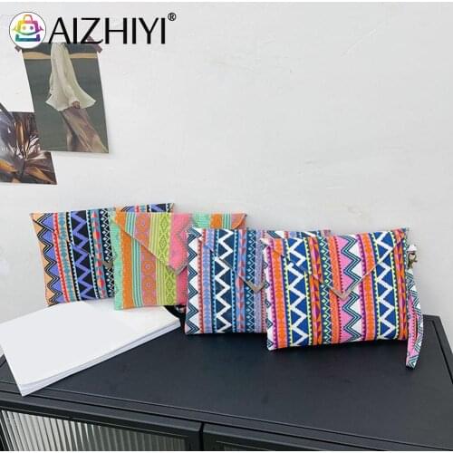 Eco-Friendly Cloth Reusable Shopping Bag Ethnic Style Women Canvas Printing Envelope Wristlet Bag Handbags Day Clutches