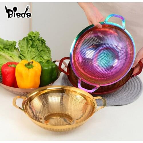 Stainless Steel Drain Basket Rice Strainers Gold Fruit Colander Rice Mesh Filter Vegetable Basket With Handle Kitchen Tool