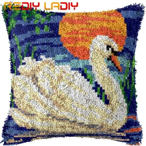 Latch Hook Cushion Moon White Swan Pillow Case Acrylic Yarn Pillow Pre-Printed Color Canvas Crochet Cushion Cover Hobby & Crafts