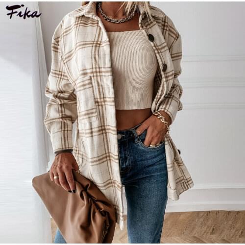 Oversize Womens Plaid Shirt Jackets Long Sleeve Ladies Top Outwear 2021 Fashion Autumn Loose Female Blends Check Buttons Coats