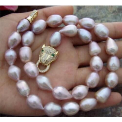 Fashion 11-13mm natural Purple white Cultured pearl necklace 18". 36" Leopard head clasp
