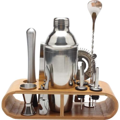 750ml/600ml Stainless Steel Bar Cocktail Shaker Set Barware Tools Shaker Sets with Wooden Rack