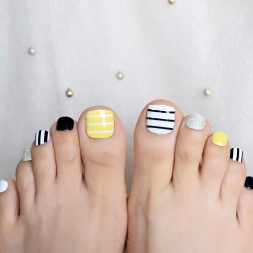 New style summer colorful toe nail smooth full cover square artificial nails designed line short false nail tips