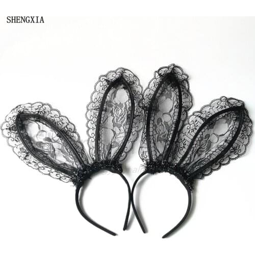 Easter Female Rabbit Ears Hair Hoop Charm Accessories in Black Water soluble lace for The girl New Fashion Holiday celebratio