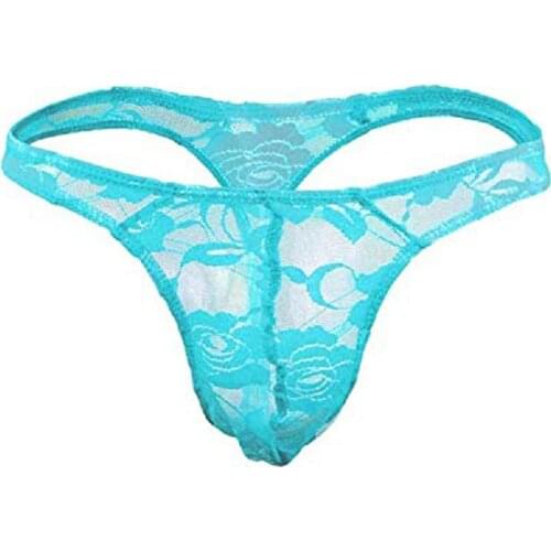 Mens Sexy Underwear Panties Lace Sexy Translucent Thong T Pants Fashion Sexy Full lace White Yellow Red Purple Black Sky Blue