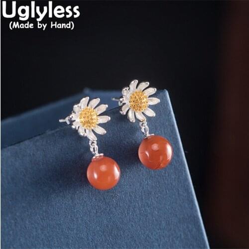 Uglyless Handmade Daisy Flowers Earrings for Women Natural Pumpkin Agate Dangle Earrings 925 Silver Floral Brincos Gemstones