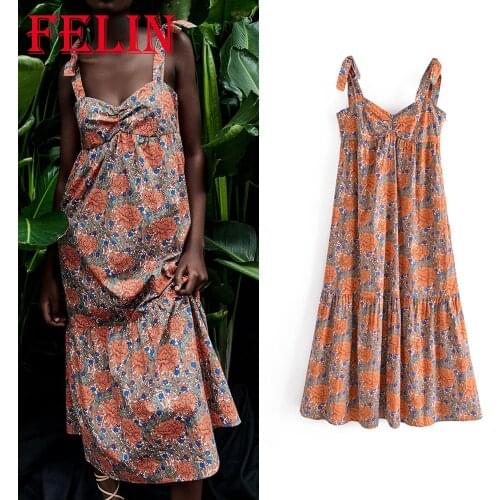 FELIN Za Vintage Floral Print Women Dress Sexy Bow Tie Maxi Cami Dresses Female Summer Fashion 2021 Chic Beach Style Vestidos