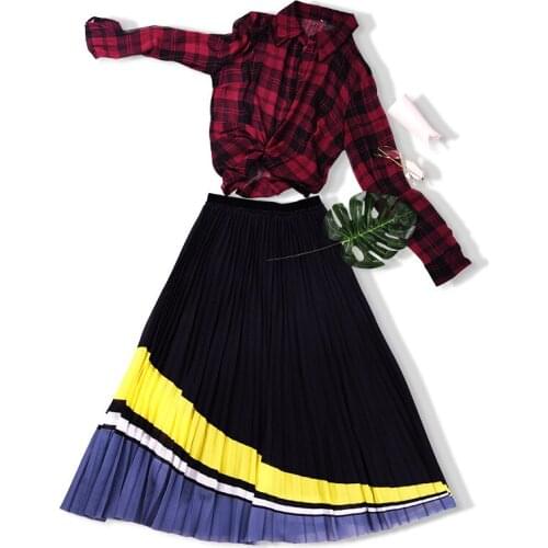 2019 Spring New Large Swing Stitching Waist Pleated Skirt Hit Color Wild A Word Long Skirt Women