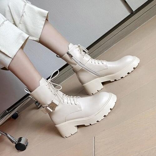 QZYERAI New Martin Boots Winter Genuine Cow Leather Knight Boots Round Toe Thick Heel Platform Shoes Ankle Women Motorcycle