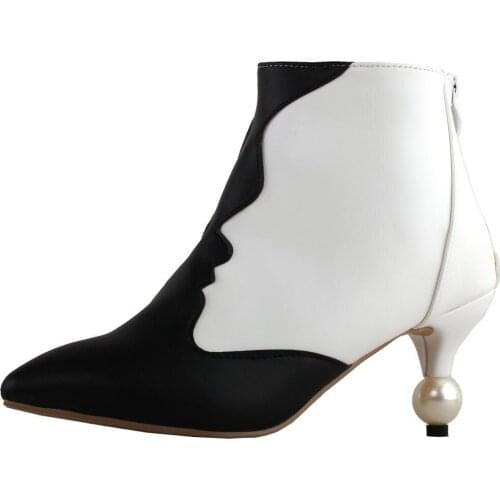 LF60434 SHOW STORY Retro Two Tone Womans Face Pointed Toe Exquisite Pearl Heel Dress Ankle Bootie