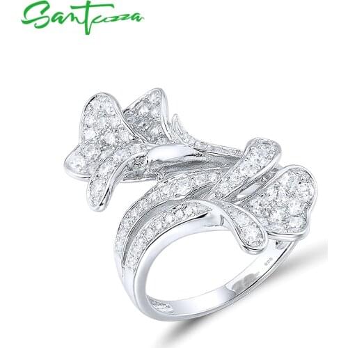 SANTUZZA 100% 925 Sterling Silver Rings For Women Sparkling White Cubic Zirconia Delicate Flower Trendy Anniversary Fine Jewelry