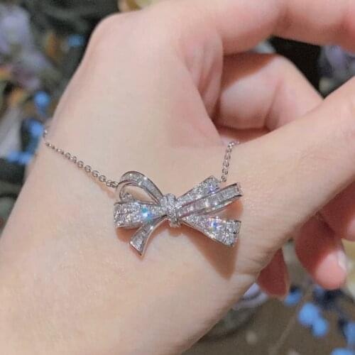 Womens Fashion Full Zircon Bow Pendant S925 Sterling Silver Necklace Original Brand High Quality Jewelry Logo Exquisite Gift