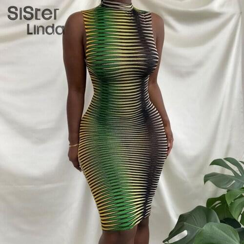 Sisterlinda Stripe Print Women Sexy See Through Mini Dresses Sleeveless O-Neck Skinny Party Night Club Female Bodycon Dress 2021