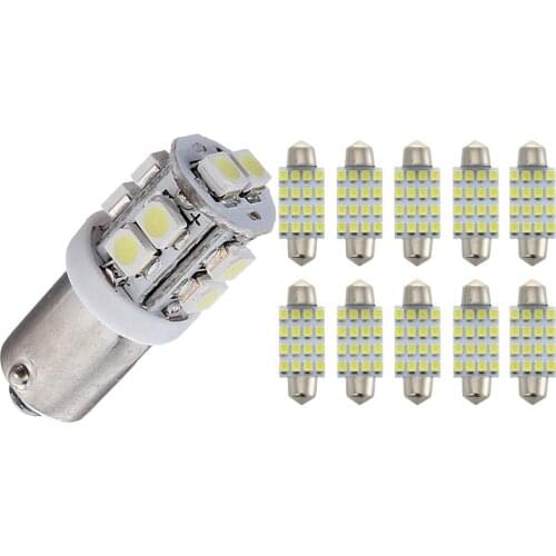 10Pcs 39mm SMD 16-LED Light Bulb White DE3423 6411 C5W with 4X T11 BA9S T4W 233 BAYONET 10 SMD LED Bulb White