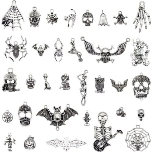 Julie Wang 10PCS/Pairs Halloween Charms Mixed Alloy Pumpkin Skull Ghost Clown Spider Bat Cat Pendant Jewelry Making Accessory