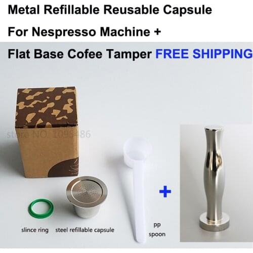 2PCS Nespresso Machine Compatible Stainless Steel Metal Capsule Refillable Reusabl+Coffee Tamper