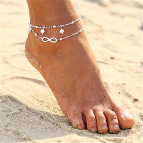 2PCS Fashion Woman Anklets Retro Pearl Anklet Bracelet Set Bohemia Foot Beach Anklets For Women Barefoot Chain Trendy Jewelry
