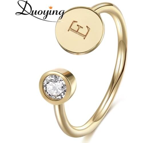 DUOYING Brand A-Z Initial Letters Ring Adjustable Size Open Ring Engraved Rhinestone Wedding Ring