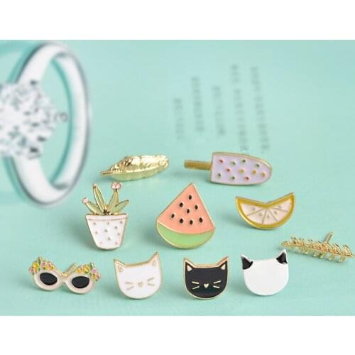Cat Watermelon Orange Ice Cream Leaf Sunglasses Plant Brooch Button Pin Denim Jacket Badge Cartoon Fashion Jewelry Gift Friends