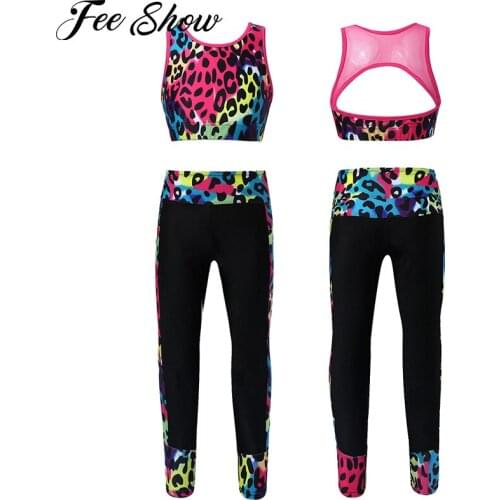 Kids Girls Dance Costumes Set Gymnastics Outfit Fitness Ballet Practice Dance wear Sleeveless Mesh Back Tanks Top with Leggings