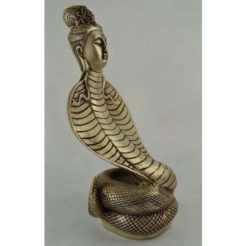 China Old Handwork Tibet silver Carve Buddha Head Snake Body Exorcise Statues