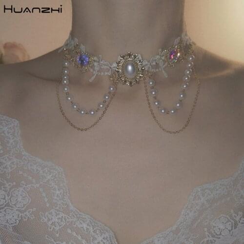 HUANZHI New Elegant Baroque Lace Flower Heart Rhinestone Inlaid Imitation Pearl Tassel Choker Necklace for Women Party Jewelry