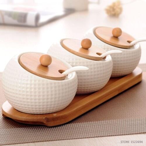 Kitchen Seasoning Rack Spice Pots Kitchen White Ceramic Seasoning Box Storage Container Condiment Jars Cruet 3Pcs in One Rack