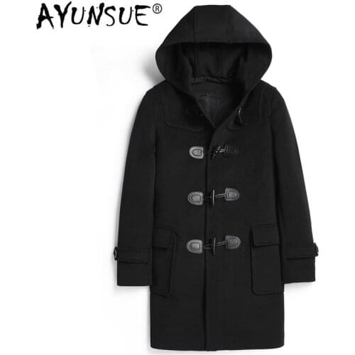 AYUNSUE Double-faced 100% Wool Coat Men Jacket Hooded Autumn Winter Black Overcoat Mens Coats Sobretudo Masculino 001 KJ4301