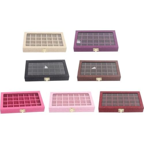 Sackcloth Linen Clear Lid Jewelry Tray Showcase Display Storage Box 28 Grids Sackcloth Jewelry Box Packaging