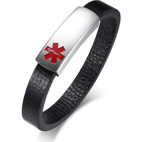 2021 Fashion Stainless Steel Leather Magnet Buckle Medical Logo Microfiber Leather Material Black Personalized Bracelet For Men