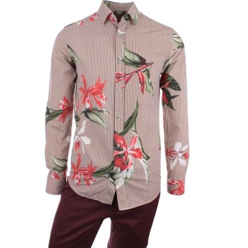 Gentilbay Mens Digital Custom Leaf Printed Cotton Brown Slimfit Sport Long-Sleeve DCD005 Shirt