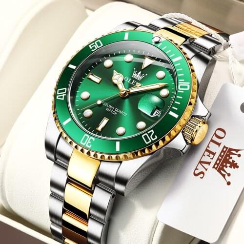 OLEVS Luxury Fashion Mens Watch Brand Waterproof Luminous Hands Green Dial Quartz Sports Calendar Watch Mens Reloj De Hombre
