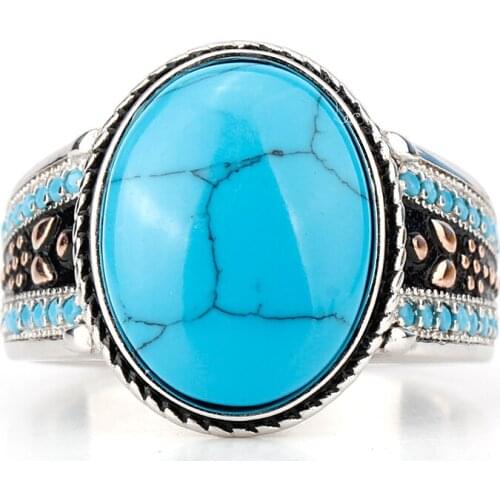 Men Womens Fashion Real 925 Silver Ring Vintage Blue Turquoise Jewelry Wedding Engagement Party Ring Anniversary Gift Size 6-12