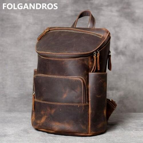 Mens Vintage Crazy Horse Leather Backpack Brand Designer Thick Cowhide Shoulder Bag Handmade Original Backpack for Male