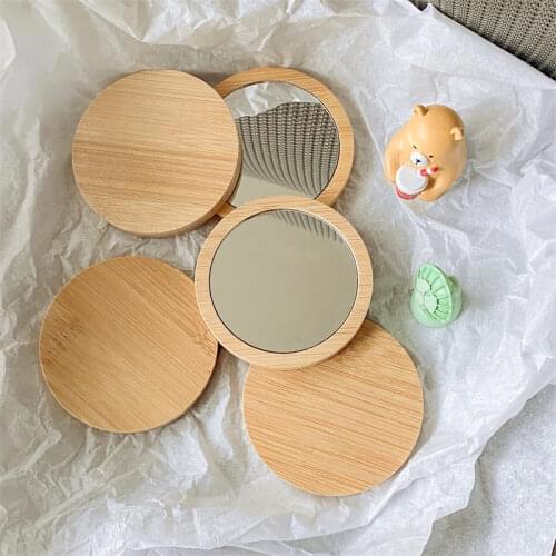 Pack of 10 Bamboo Pocket Makeup Mirrors Portable Wooden Cosmetic Mirror Gifts For Women Small Round Handbag Mirror Diameter 70mm
