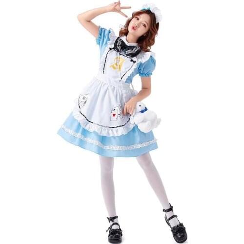 Sky Blue Fairy Tale Lolita Women Halloween Maid Housekeeper Costumes Female Alice Cosplay Carnival Purim Role Play Party Dress
