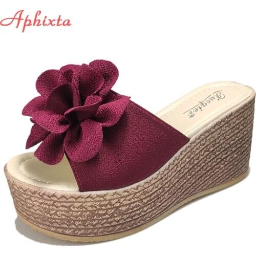 Aphixta 2021 New 9cm Wedge Heels Appliques Platform Slides Women Flowers Female Cool Sandals Clog Shoes Slippers