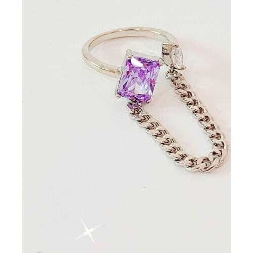 Origin Summer Fashion Geometric Purple Square Rhinestone Ring for Women Girl Metallic Chunky Chain Open Adjustable Ring Jewelry