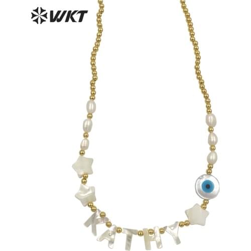 WT-JN138 Wholesale customs make shell letters charms necklace fashion girl white shell charm of eye and star necklace in 16inch