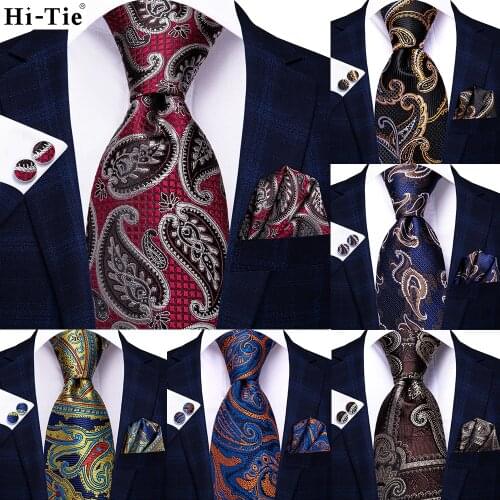 Hi-Tie Burgundy Brown Black Striped Paisley Silk Wedding Nicktie For Men Hanky Cufflink Gift Tie Set Business Party Dropshipping